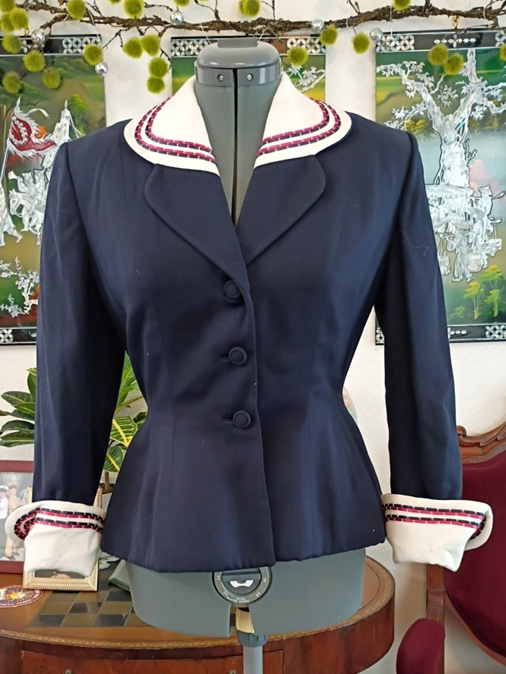 1950s Lilli Ann Navy Blue Red And White Suit Jacket Size Extra Small